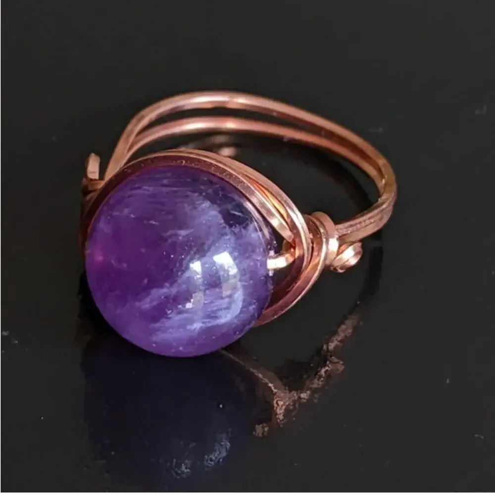 Artisan Amethyst Copper Ring Solitaire Wire Wrapped 12mm Gemstone Sz 8 NEW